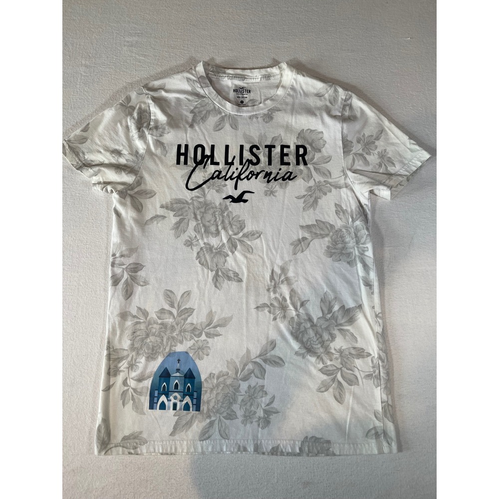 Hollister California Mens Floral Graphic T-Shirt White Grey Blue Cathedral M - Picture 1 of 9